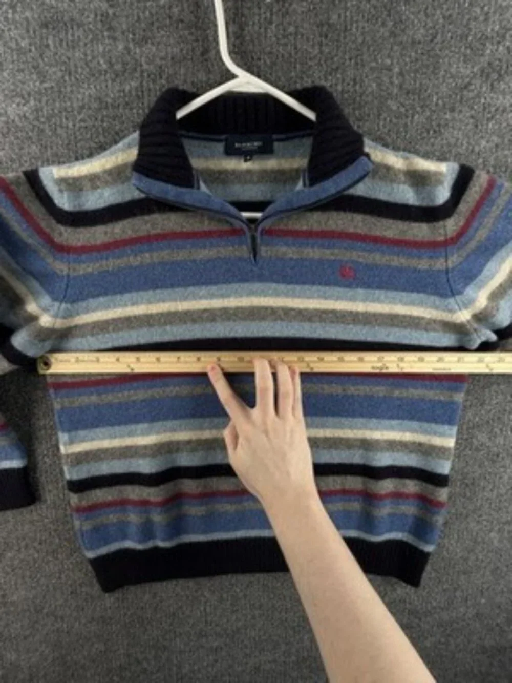 Burberry London 8 Long Sleeve Logo 1/4 Zip Striped Pullover Blue Gray Wool Mens